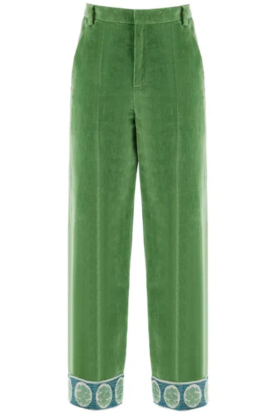 Valentino Wide Cut Velvet Pants With Jacquard Border In Green