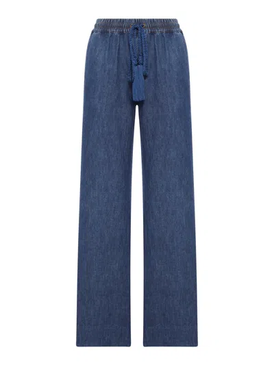 Valentino Wide Leg Chambray Pants In Blue