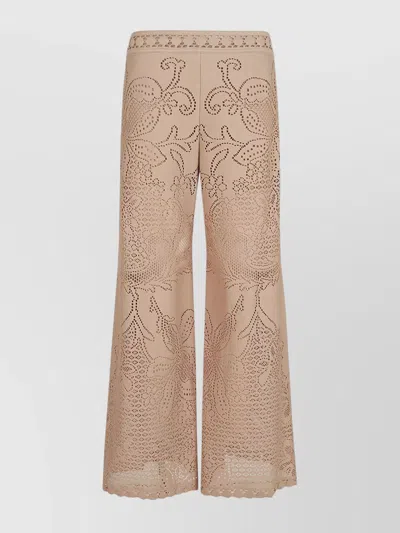 Valentino Floral-embroidered Wide-leg Trousers In 灰褐色