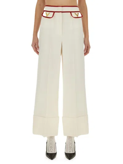 Valentino Wide-leg Tailored Pants With Unique Waistband Design In Neutral