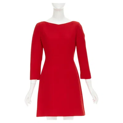 Pre-owned Valentino Wide V Neck Structured Red Wool Silk A-line Dress It40 S