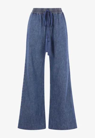 Valentino Wide-leg Elastic-waist Denim Pants In Blue