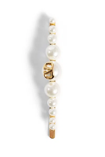 Valentino Garavani Gold & White Vlogo Signature Metal Pearl Hair Clip