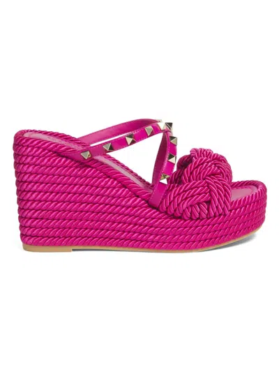 Valentino Garavani Women's 105mm Studded Braided Leather Espadrille Wedge Sandals In Pink