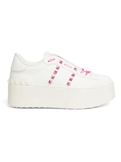 Valentino Garavani Women's 60mm Rockstud Leather Platform Sneakers In White