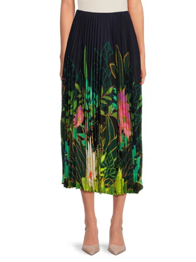 Valentino Women's Accordion Pleated Silk Midi Skirt In Navy Multi