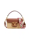 Valentino Garavani  Garavani Alltime Shoulder Bag In Raffia And Grainy Calfskin With Ribbon In Brown