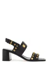 Valentino Black Buffalo Leather Sandals With Golden Studs And Square Heel In Black