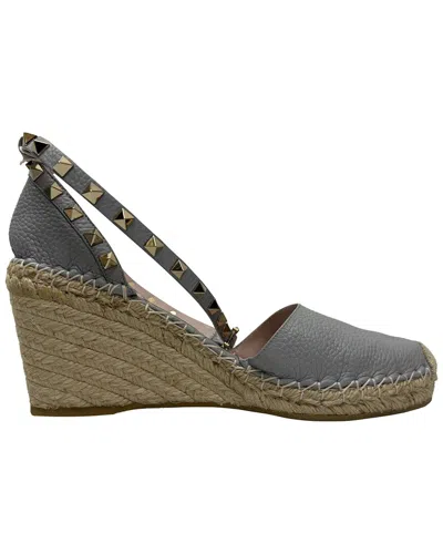 Valentino Garavani Valentino Women's Calfskin Leather Rockstud Ankle Strap Espadrille Wedge Pump  (authentic Pre-loved) In Gray