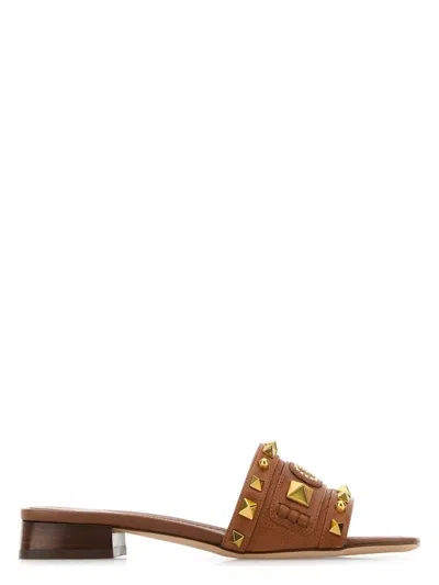 VALENTINO GARAVANI WOMEN'S CARAMEL LEATHER PLASTER CASTER SLIPPERS SANDAL