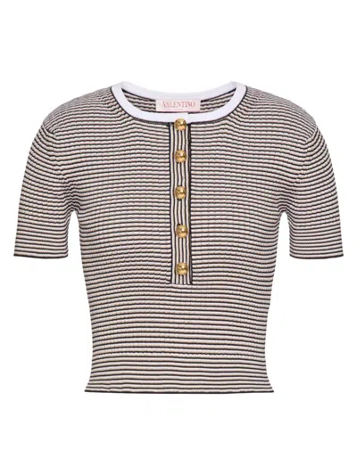 Valentino Cotton-blend Striped Cropped Sweater In Navy Ivory Gold