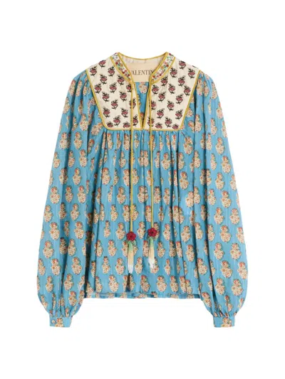 Valentino Beaded Pinstripe Floral-print Blouse In Multi