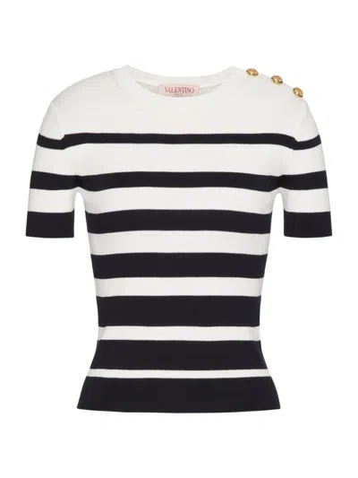 Valentino Embellished Striped Ribbed Cotton Sweater In Navy Ivory