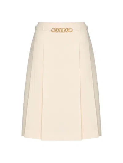 Valentino Belted Logo-embellished Wool And Silk-blend Crepe Skirt In Ivory