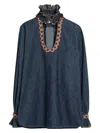 Valentino Womens Embroidered Frilled Cotton-denim Shirt Medium Blue Denim In Blue