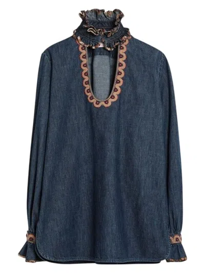 VALENTINO WOMEN'S DENIM BLOUSE WITH EMBROIDERED EDGES SHIRT