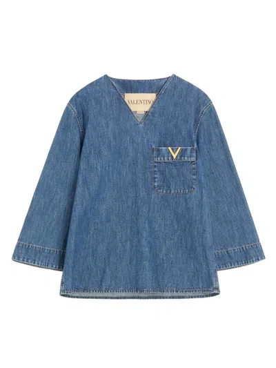 Valentino Women's Denim Chambray Blouse In Blue
