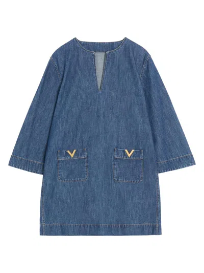 Valentino Vlogo Signature Denim Dress Three Quarter Sleeves In Blue