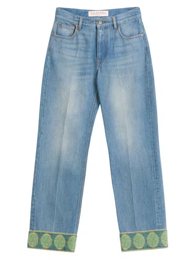 Valentino Women's Denim Trousers With Jacquard Trims In Blue