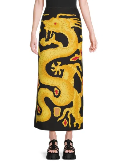 Valentino Women's Dragon Print Virgin Wool & Silk Maxi Skirt In Nero