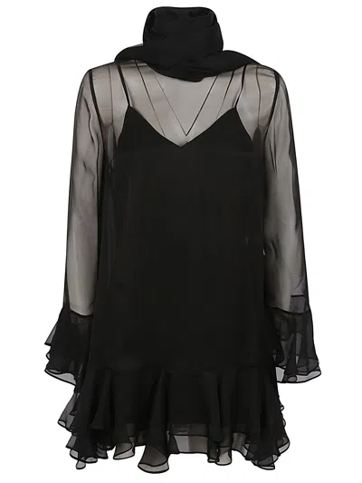 Valentino Silk Chiffon Mini Shirt Dress W/feathers In Black