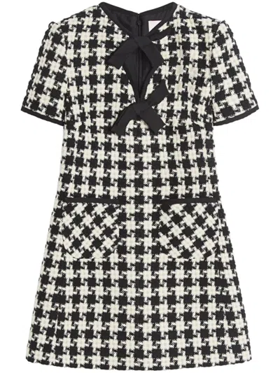 Valentino Embroidered Damier Light Tweed Short Dress In Black