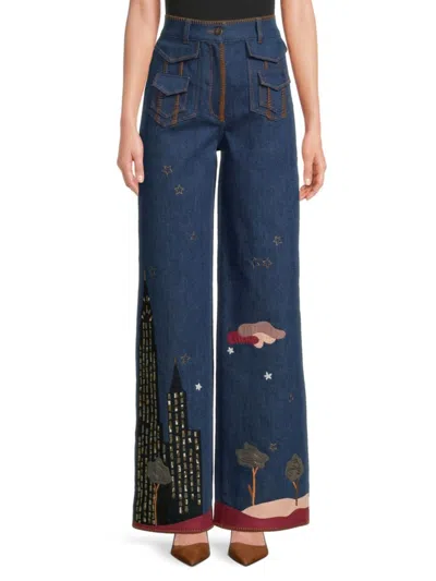 Valentino Women's Embellished Wide Leg Jeans In Blue