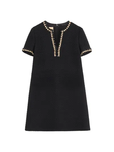 Valentino Embroidered Canestrello Tweed Short Dress In Black