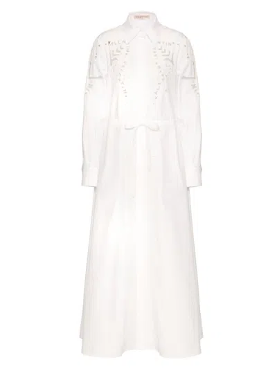 Valentino Women's Embroidered Cotton Popeline Midi Dress In White