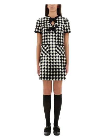 VALENTINO WOMEN'S EMBROIDERED DAMIER LIGHT TWEED SHORT DRESS | SIZE IT 38 | 6B3VAEV290K COLOR 0AN