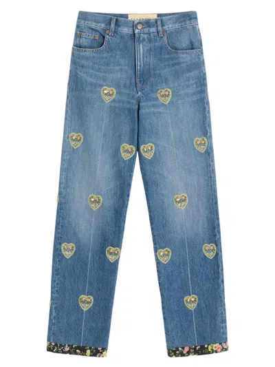 VALENTINO WOMEN'S EMBROIDERED DENIM PANTS