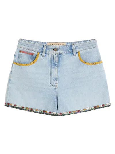 Valentino Women's Embroidered Denim Shorts In Blue