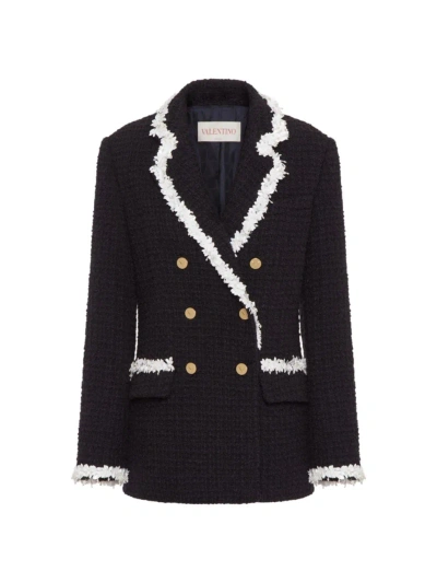 Valentino Embroidered Trim Double-breasted Jacket In Navy Multi