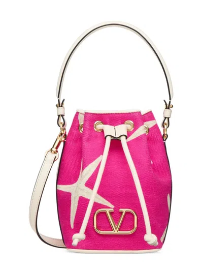 Valentino Garavani Women's Escape Mini Bucket Bag In Canvas With Starfish Print In Ivory Pink