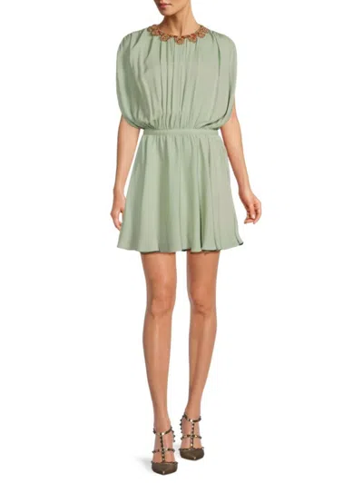 Valentino Women's Floral Embroidered Pleated Silk Mini Dress In Green