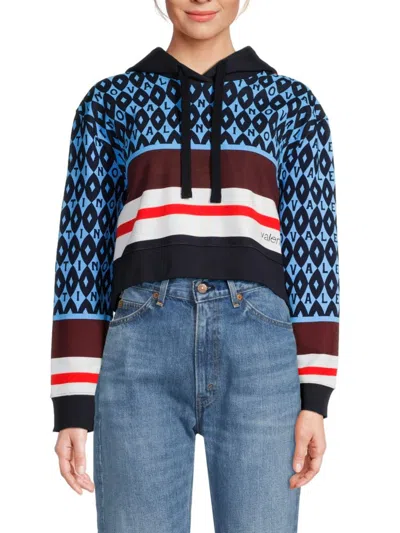 Valentino Women's Foulard Logo Cropped Hooded Sweatshirt In Blue Multi