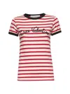Valentino Women Ivory Striped Jersey Embroidered T-shirt In Red