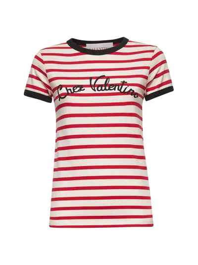 Valentino Women Ivory Striped Jersey Embroidered T-shirt In Red