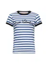 Valentino Womens Striped Embroidered Cotton-jersey T-shirt Avorio Blu In Blue