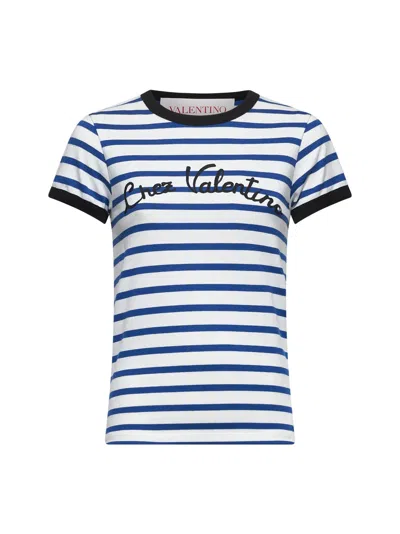 VALENTINO VALENTINO WOMEN IVORY STRIPED JERSEY EMBROIDERED T-SHIRT