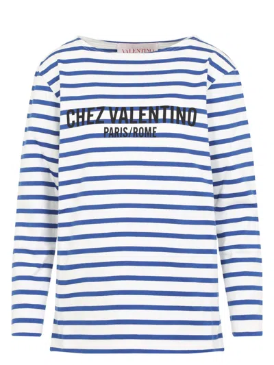 VALENTINO WOMEN'S IVORY T-SHIRT WITH BLUE STRIPES CHEZ