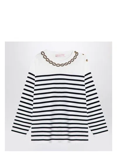 VALENTINO WOMEN'S IVORY/NAVY STRIPED JERSEY WITH EMBROIDERY
