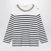 Valentino Embellished Striped Ribbed Cotton Sweater In Blue