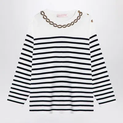 VALENTINO WOMEN'S IVORY/NAVY STRIPED JERSEY WITH EMBROIDERY