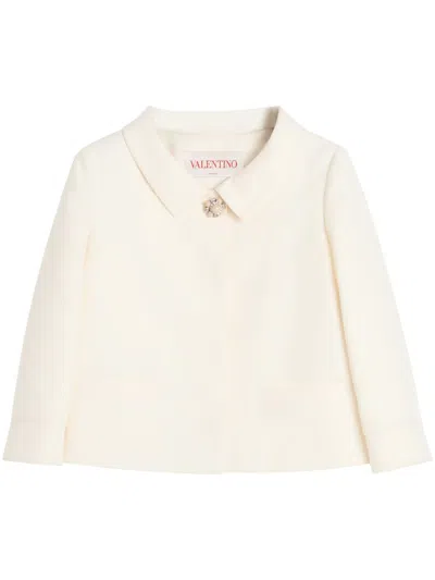 Valentino Crepe Jacket With Collared Neck And Decorative Brooch In Neutral