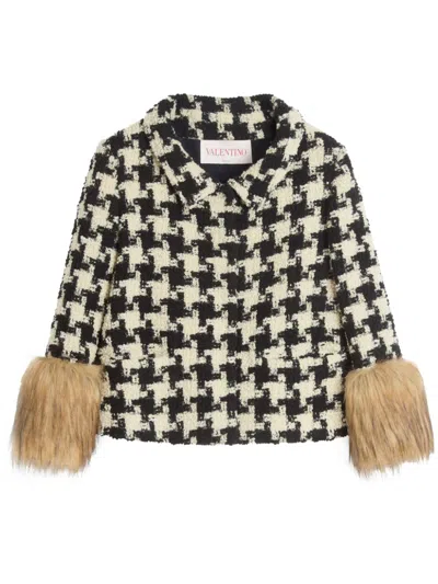 Valentino Faux-fur Macro Houndstooth Tweed Jacket In Beige