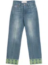Valentino Medium Blue Jeans With Green Embroidery, Straight Leg, High Waist In Blue
