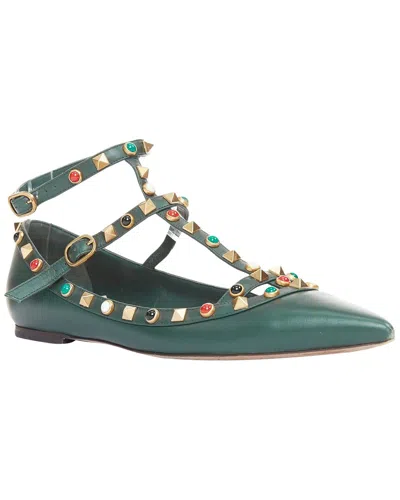 Pre-owned Valentino Garavani Valentino Women's Leather Rolling Rockstud Green Multicolor Gold Stud Caged  Ballerina Flat (authent