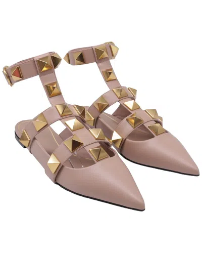 Valentino Garavani Valentino Women's Leather Roman Stud Ankle Strap Flat (authentic Pre-loved) In Pink