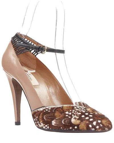 Valentino Garavani Valentino Women's Leather Runway Brown Feather Print Pony Hair Ankle Strap  Pumps Eu37 (authentic Pr In Multi